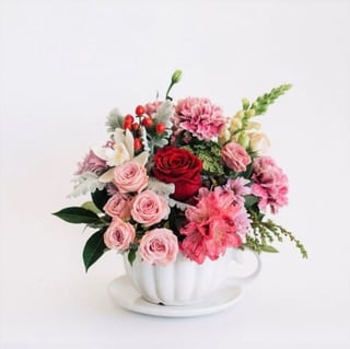 Lisa - White ceramic flower arrangement with pretty in pink florals, Melbourne delivery.