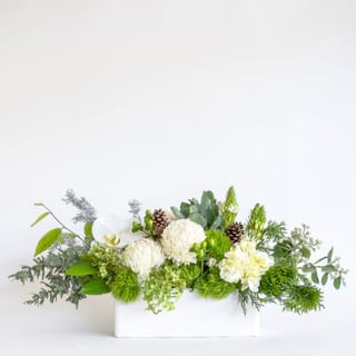 Low, long centrepiece flower arrangement featuring white disbuds, hydrangea, chincherinchee, jade succulent, phalaenopsis orchid, hypericum and pine cones.