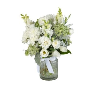 White bouquet of snapdragon` chyrsanthemums` lisianthus, dusty miller, queen annes lace. Melbourne & Interflora Australia wide delivery.