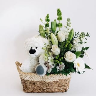 Birthday or New baby, newborn basket with flowers and white teddy bear for Melbourne delivery