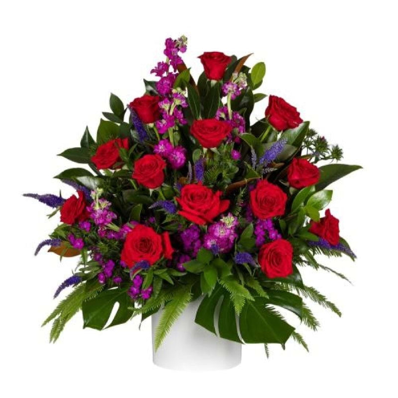 Classic Funeral Chapel Bowl Flowers - Featuring Roses, Stock & Eucalyptus