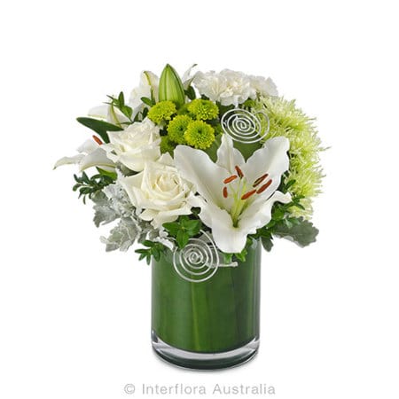 Devotion - Elegant White Lilies & Roses In Glass Vase (Interflora)
