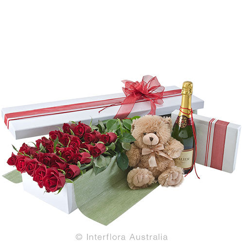 Everlasting Love Deluxe - Red Roses, Sparkling Wine, Chocolates & Teddy Bear