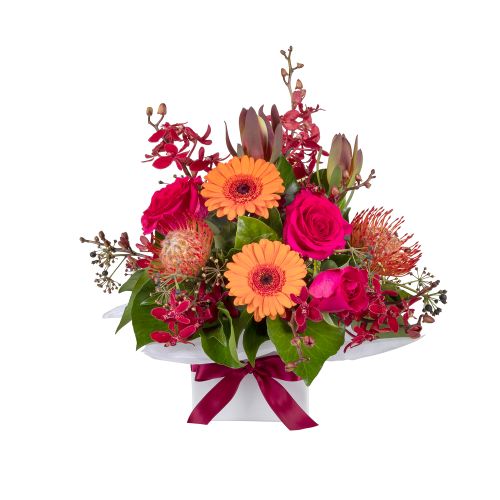 Fiesta Florals - Pink Rose Orange Gerbera Red Orchid Box Arrangement (Interflora)