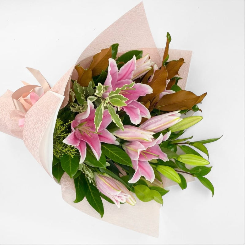 Bouquet of pink lilies and green leaves mothers day birthday melbourne florist