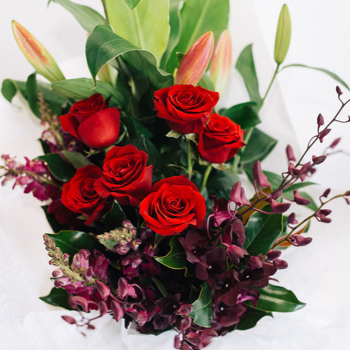 Leila - Bouquet Of Red Roses, Pink Orientals & Orchids