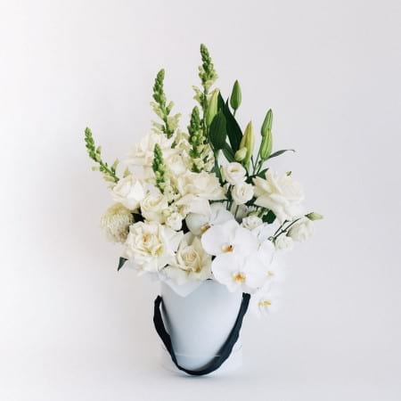 Luxe - Premium White Flowers In Hat Box Arrangement