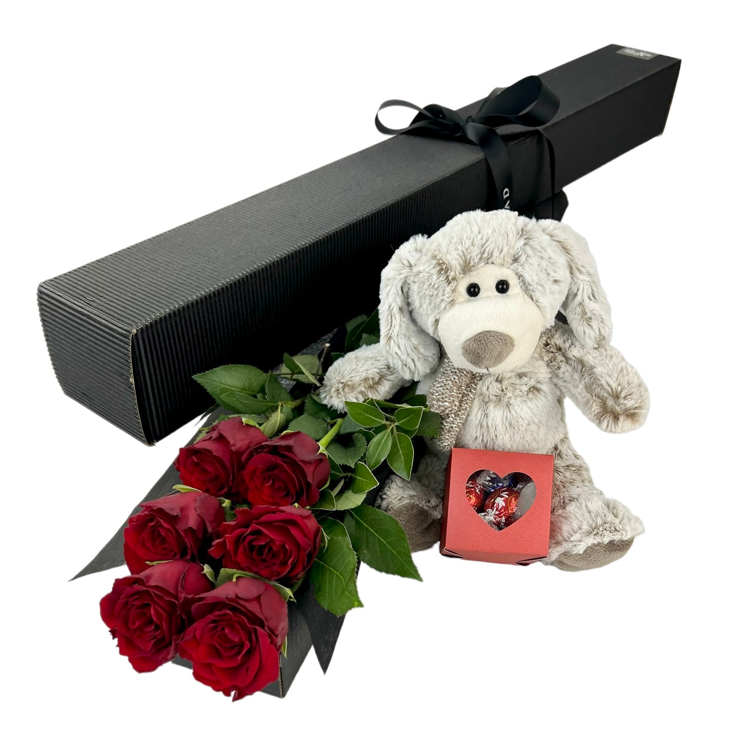 Pooch - 6 Red roses with White Poodle or Grey Puppy Soft toy and chocolates