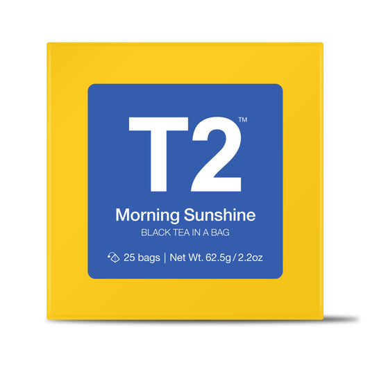 T2 Morning Sunshine black tea package with yellow border melbourne florist