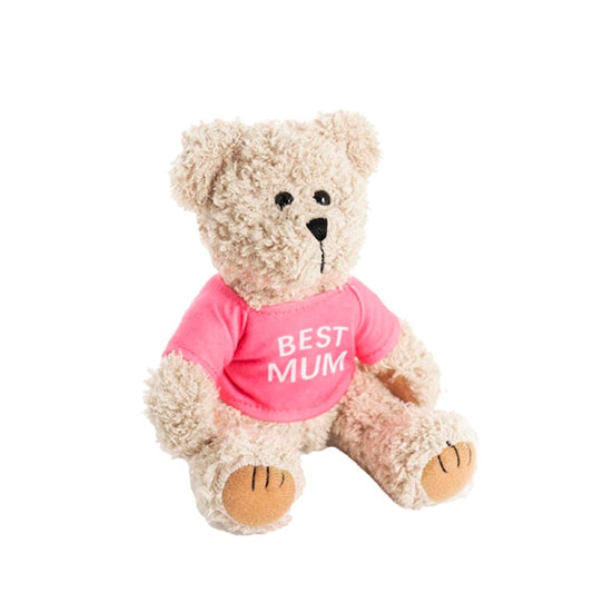 Teddy bear wearing a pink shirt with 'BEST MUM' for mothers day same day delivery melbourne