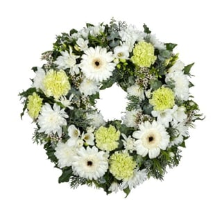 Classic white and green funeral wreath available for Melbourne and Australia wide delivery with Interflora Florists.