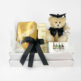 Gift box graduation hamper with graduation teddy, Moet wine, Lindt chocolate & congratulations Huxter soap.