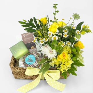 Easter Flower Basket with Ecoya Soap, Chocolatier Chocolates in Small Cane Basket