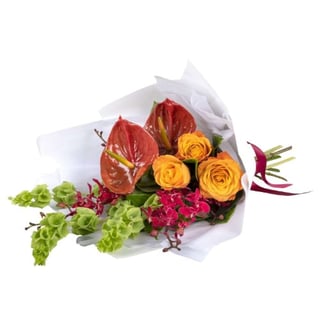 Red orchids, orange roses, red anthuriums and green lush florals for same day delivery across Melbourne and Interflora Australia wide delivery.