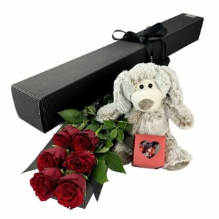 Pooch - Half dozen premium red rose gift box, soft toy puppy with red heart and lindt chocolate heart box.