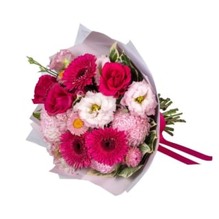 Barbiecore Blooms Pink - featuring disbuds, hot pink roses, gerberas with seasonal flowers & foliage in wrapping. Interflora Flowers Australia wide delivery.