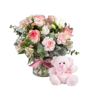 Baby girl pink & white vase arrangement with pink teddy bear.