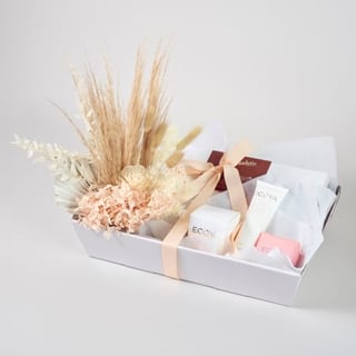 Dried and preserved flower arrangement hamper with chocolates and ecoya products for Melbourne Metro delivery only.