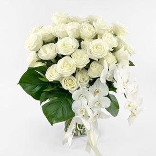 Luxe vase arrangement filled with premium white roses and phalaenopsis orchids.