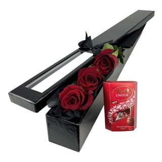 Three premium red roses with Lindt chocolate gift box