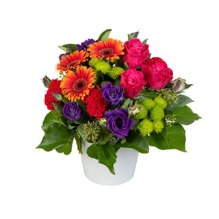 Viva - Pink roses, purple lisianthus, orange gerberas & green chrysanthemums in ceramic vase.