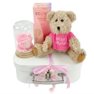Suitcase gift hamper with preserved pink rose dome, ecoya red berry & peony diffuser, `best mum` message teddy bear.