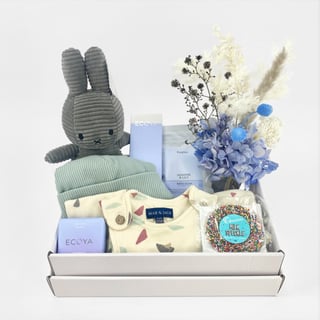 Newborn baby boy gift hamper with preserved flower arrangement in glass vase, Miffy, romper, beanie and Ecoya gifts and Huxter bath soak for mum.