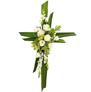 Salvation - White roses, snapdragons, lisianthus, amaranthus, hydrangea funeral cross.