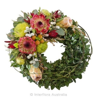 Proteas, leacadendrons and seasonal natives beautifully combined with gum. Funeral wreath for Melbourne same day delivery.