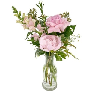 Pink peony and pink rose with snapdragon bud vase arrangement