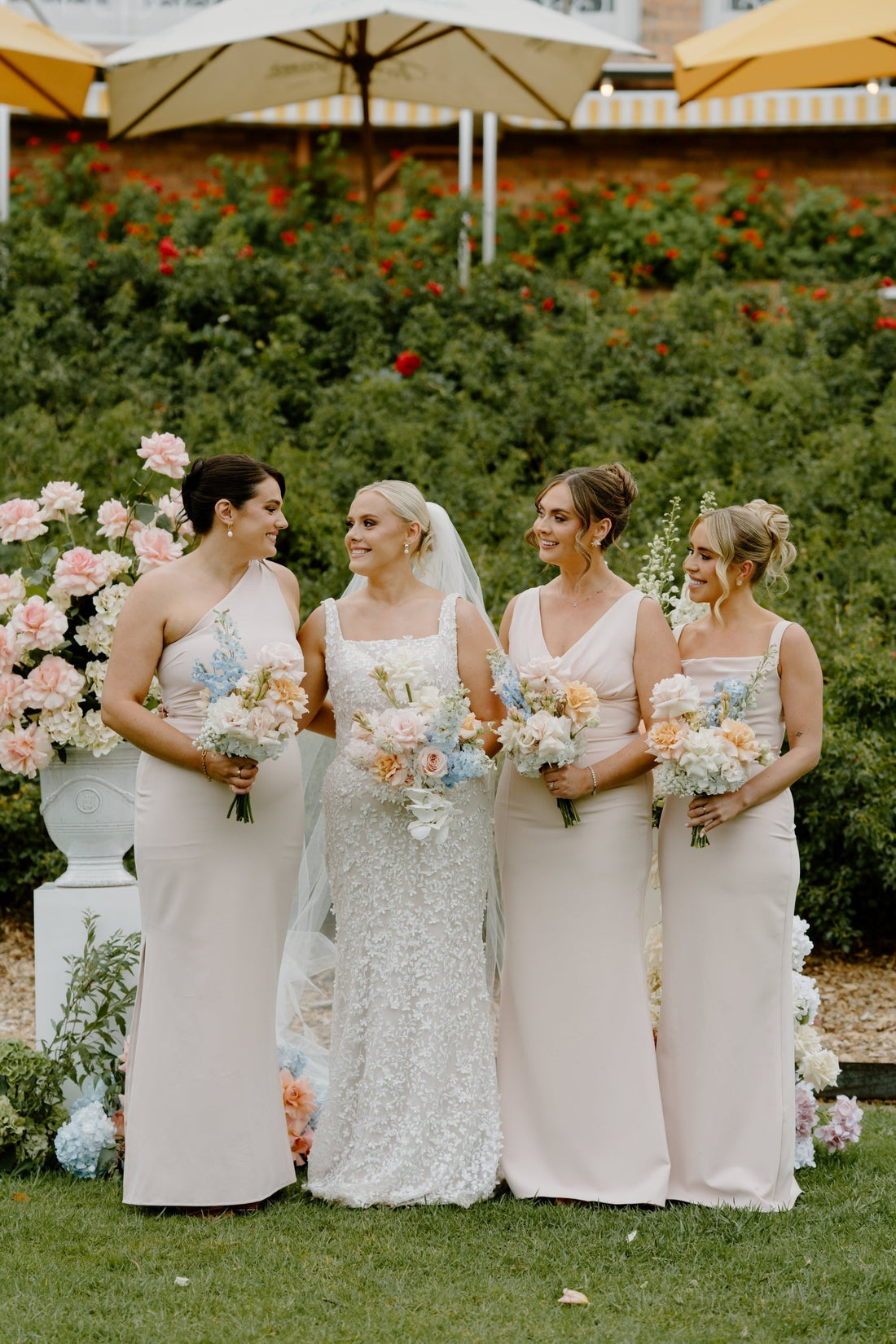 Bridal Party at Farm Vigano Ceremony Flowers with Pastel Romantic Styling