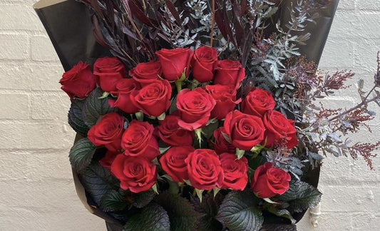 Elegant bouquet of 24 long stem red roses for Valentine’s Day flower delivery in Melbourne
