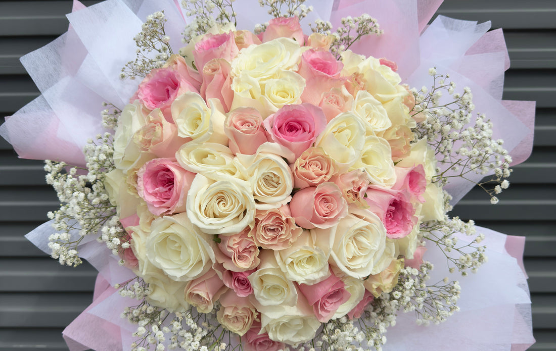 New Baby Girl Flower Bouquet 70 Premium Luxe Pink and White Roses