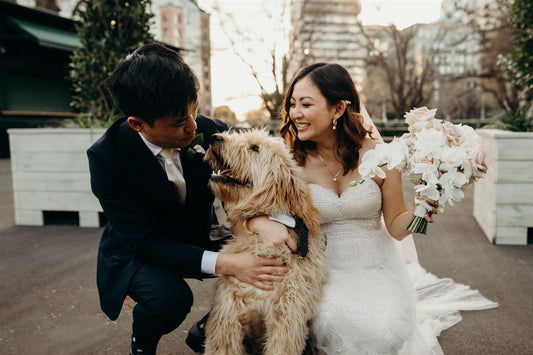 Bride and groom and fur baby at Ormond House Chapel wedding with beautiful Melbourne wedding flowers