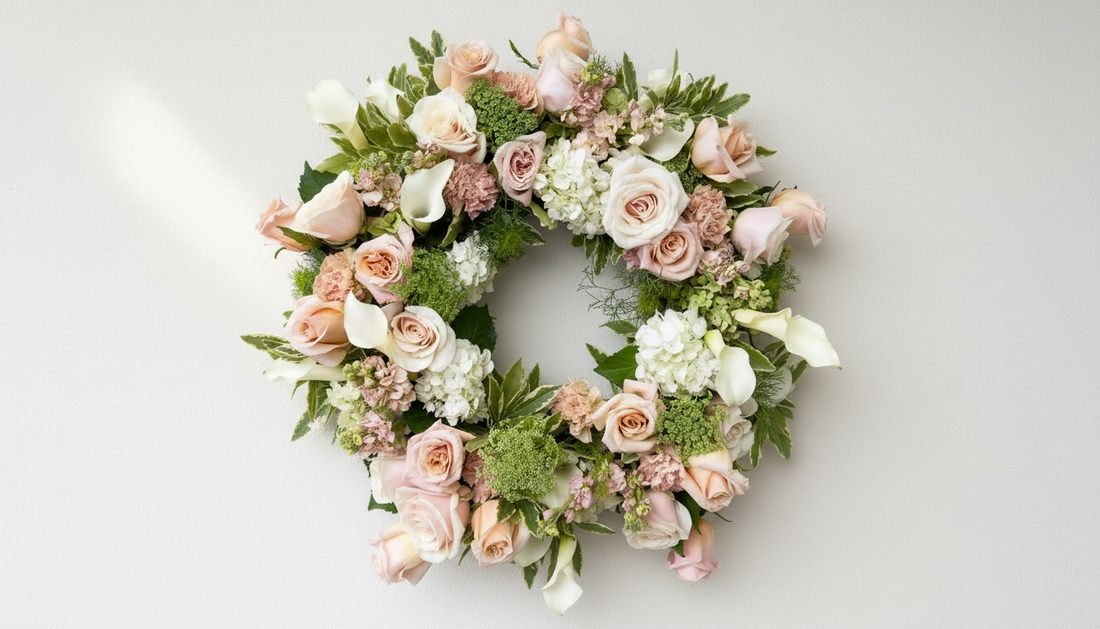 White Peach Rose Hydrangea Calla Lily Queen Annes Lace Funeral Wreath Melbourne Delivery