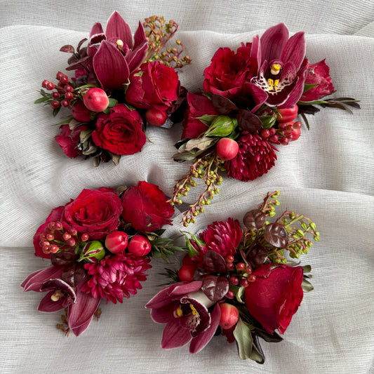 Red Wrist Corsages & Burgundy Calla Lily Buttonholes for Kat & Ryan's Wedding