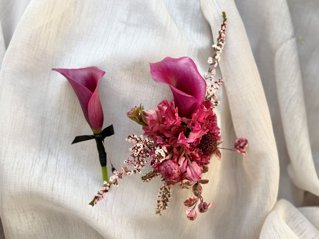 Melbourne school formal wrist corsage and buttonholes in plum calla lilies and seasonal flowers