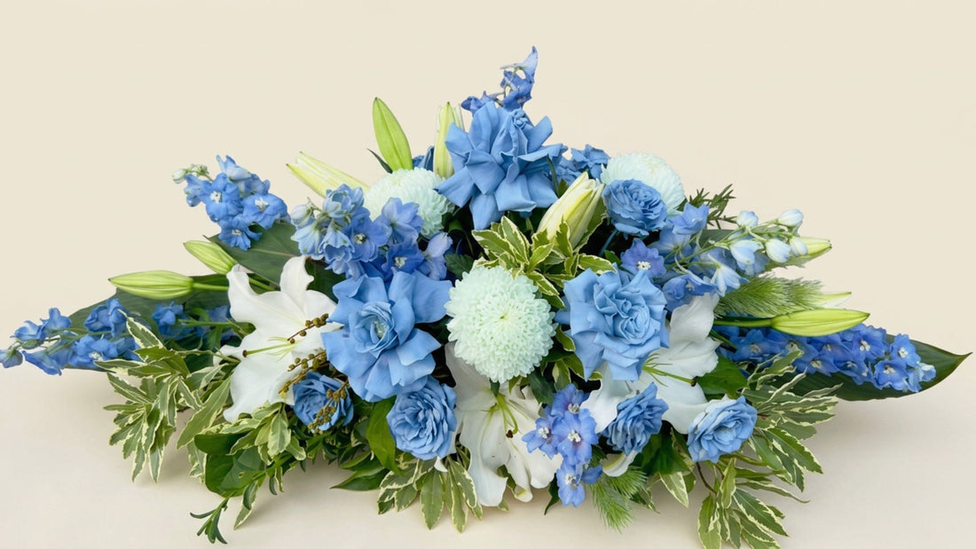 White Blue Coffin Flowers Oriental Lily Rose Disbuds Delphinium Melbourne Funeral Flowers