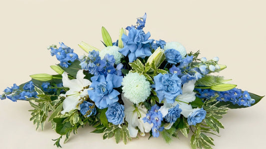 White Blue Coffin Flowers Oriental Lily Rose Disbuds Delphinium Melbourne Funeral Flowers