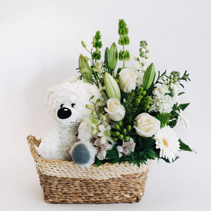 Ava - Teddy Bear & White Flower Arrangement In Basket (basket varies on availability)