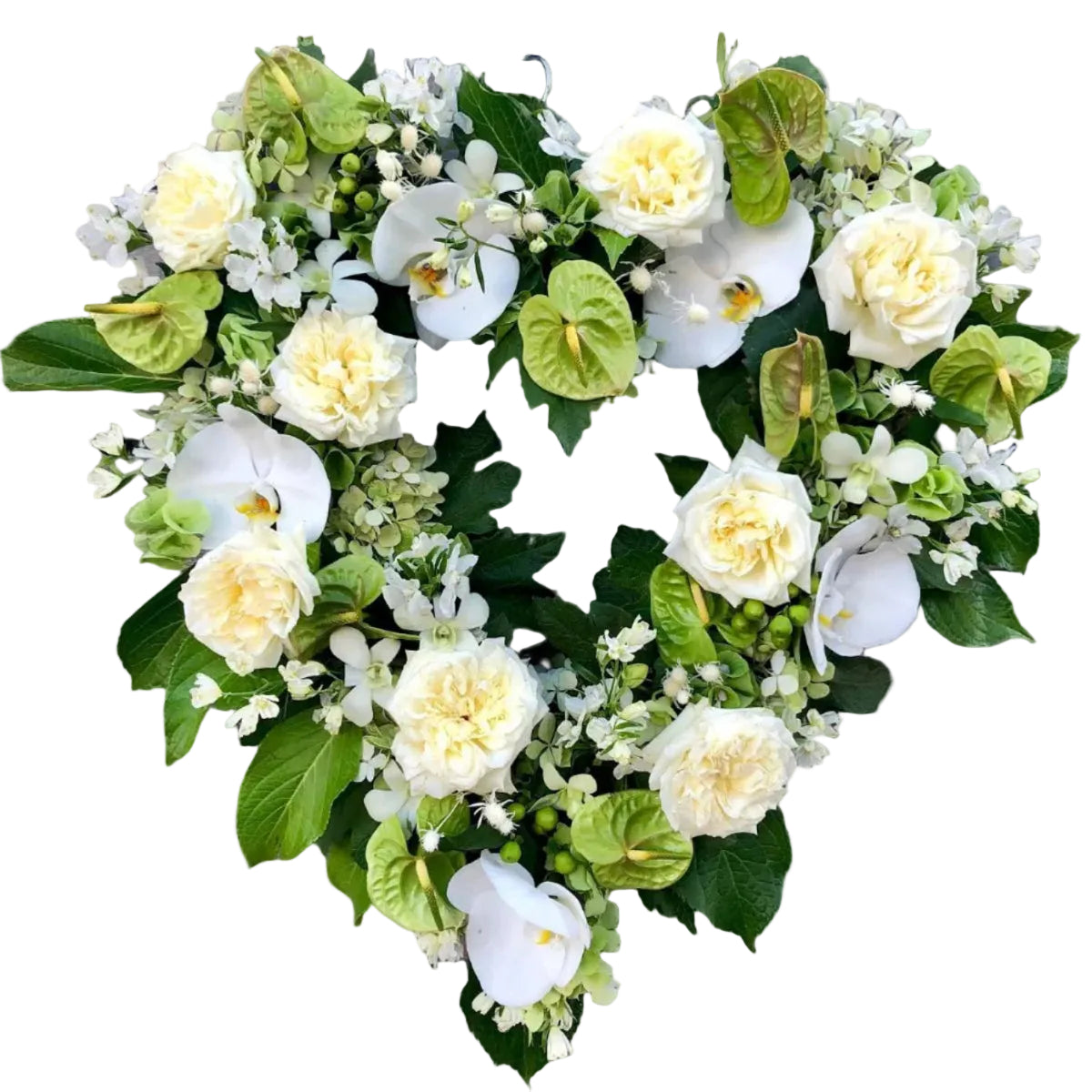 Cordellia - White Rose, Orchid, Green Anthurium Heart Wreath