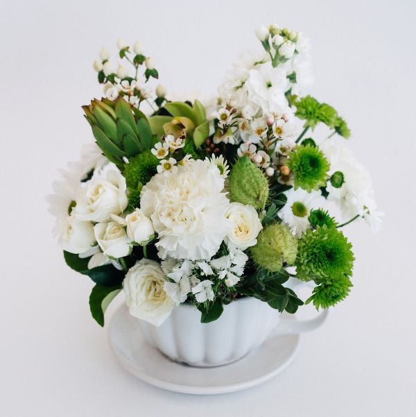 Dianne - White Flower Arrangement In Ceramic Teacup