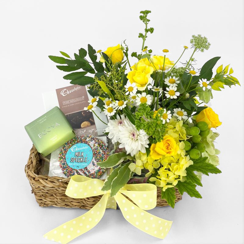 Easter flowers Gift basket chocolate with ribbon same day flower delivery