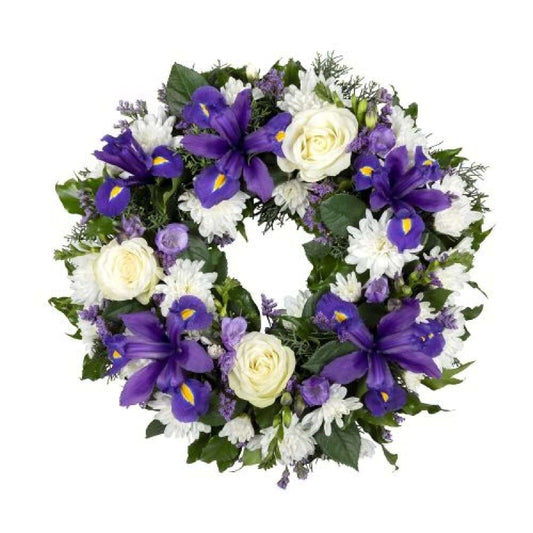 Eternal Memories Wreath - Blue Iris & White Rose Wreath