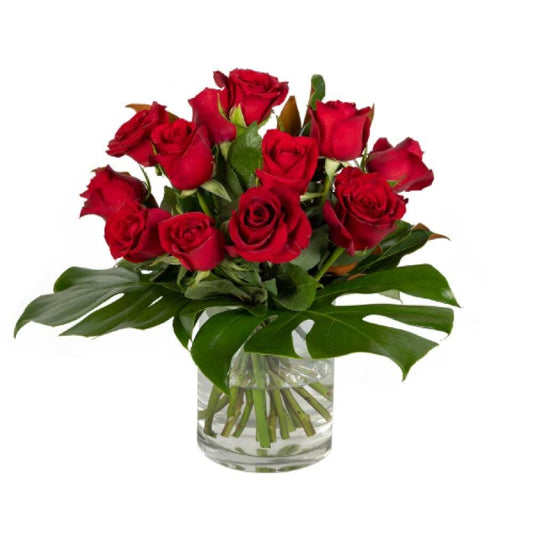 Eternal Rose - Arrangement of 12 Red Roses in a Glass Vase