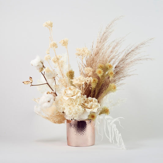 Janis - Preserved & Dried Flowers In White & Neutral Tones In Rose Gold Vase