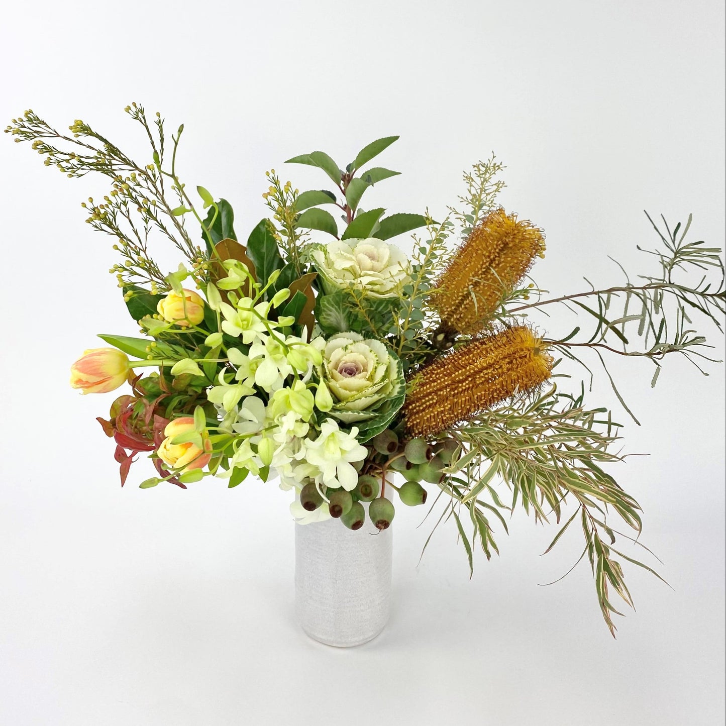 Kale - Tulip, Orchid, Kale & Banksia Vase Arrangement