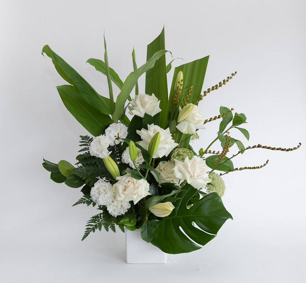 Karen - Elegant White Roses & Lilies Arrangement In Ceramic