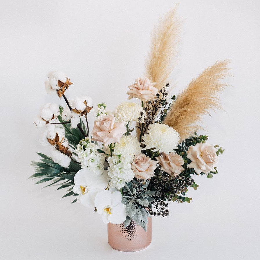 Lilly - Premium Boho White Roses, Pampass, Cotton & Orchids Arrangement