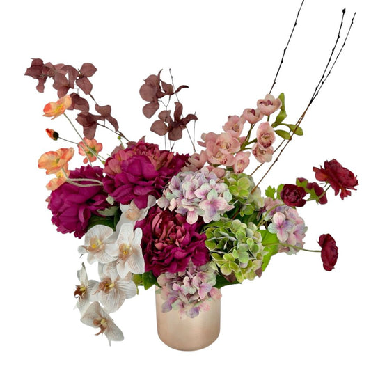 Radiant Bloom – Designer Silk Flowers in Rose Gold Vase